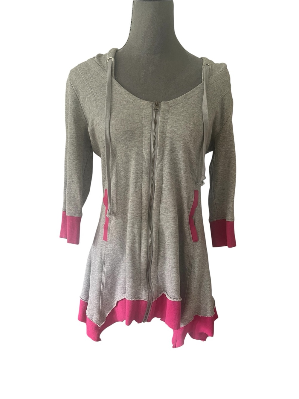 VENUS Gray Hooded Zip-Front Top with Pink Trim